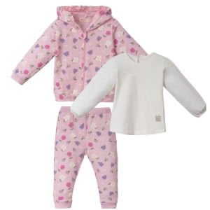 Kız Bebek Pembe Çiçek Desenli Fırfırlı Kapüşonlu 3'lü Set