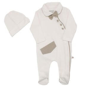 Erkek Bebek Ekru Kahve Şeritli Papyonlu Yandan Çıtçıtlı Bereli  Lüks Tulum