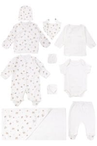 Unisex Ekru Kahve Tavşan Ve Sincap Desenli 10 Parça Hastane Çıkışı