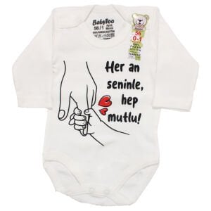 Unisex Beyaz Her An Seninle Hep Mutlu Baskılı Uzun Kollu Zıbın