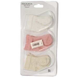 Pembe Beyaz Ekru Örgü Desenli 3'lü Çorap 0-6 Ay