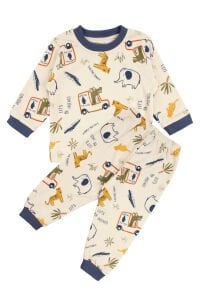 Erkek Bebek Bej Laci Biyeli Hayvanlı Desenli Pijama Takımı