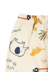 Erkek Bebek Bej Laci Biyeli Hayvanlı Desenli Pijama Takımı