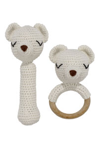 Amigurumi Sevimli Ekru Ayı Diş Kaşıyıcı Çıngıraklı Organik Oyuncak 2'li Set