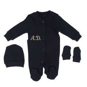 Unisex İsme Özel Lacivert Kahve İp Nakışlı Bereli Eldivenli Bebek Tulum