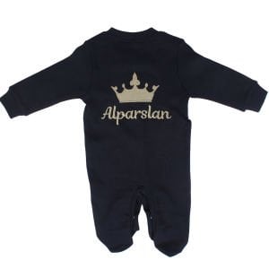 Unisex İsme Özel Lacivert Kahve İp Nakışlı Bereli Eldivenli Bebek Tulum