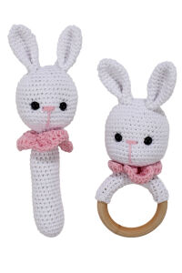 Amigurumi Sevimli Beyaz Pembe Tavşan Diş Kaşıyıcı Çıngıraklı Organik Oyuncak 2'li Set