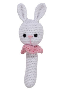 Amigurumi Sevimli Beyaz Pembe Tavşan Diş Kaşıyıcı Çıngıraklı Organik Oyuncak 2'li Set