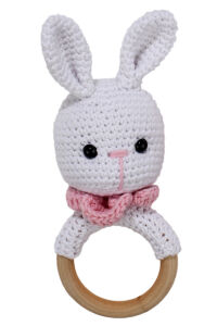 Amigurumi Sevimli Beyaz Pembe Tavşan Diş Kaşıyıcı Çıngıraklı Organik Oyuncak 2'li Set