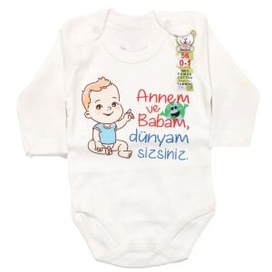 Unisex Beyaz Anne Ve Babam Dünyam Sizsiniz Basıkılı Uzun Kollu Zıbın