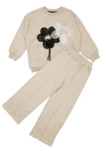 Kız Çocuk Bej Siyah Tüllü Çiçekli İncili 2'li Takım