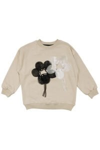 Kız Çocuk Bej Siyah Tüllü Çiçekli İncili 2'li Takım