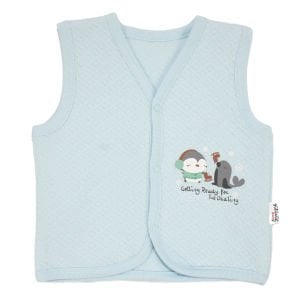 Erkek Bebek Mavi Kapitoneli Penguen Desenli Çıtçıtlı Penye Yelek