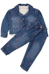 Kız Çocuk Ekru Badili Çilek Nakışlı Kot Ceketli 3'lü Takım