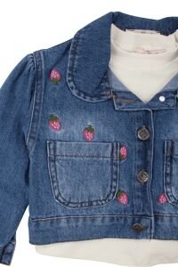 Kız Çocuk Ekru Badili Çilek Nakışlı Kot Ceketli 3'lü Takım