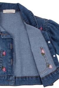 Kız Çocuk Ekru Badili Çilek Nakışlı Kot Ceketli 3'lü Takım