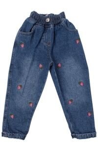 Kız Çocuk Ekru Badili Çilek Nakışlı Kot Ceketli 3'lü Takım