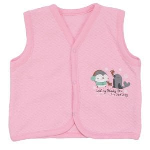 Kız Bebek Pembe Kapitoneli Penguen Desenli Çıtçıtlı Penye Yelek