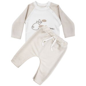 Erkek Bebek Ekru Bej Uçak Desenli 2'li Takım