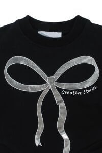 Kız Çocuk Siyah Parlak Fiyonk Desenli Payet Etekli 2'li Takım