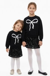 Kız Çocuk Siyah Parlak Fiyonk Desenli Payet Etekli 2'li Takım