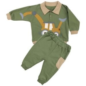 Erkek Bebek Yeşil Sarı Kepçe Desenli Yakalı 2'li Takım