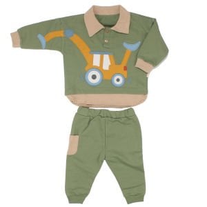 Erkek Bebek Yeşil Sarı Kepçe Desenli Yakalı 2'li Takım