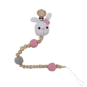 Kız Bebek Amigurumi Beyaz Pembe Tavşanlı Organik Ahşap Boncuklu İsimli İsme Özel Emzik Askısı