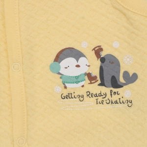 Unisex Bebek Sarı Kapitoneli Penguen Desenli Çıtçıtlı Penye Yelek