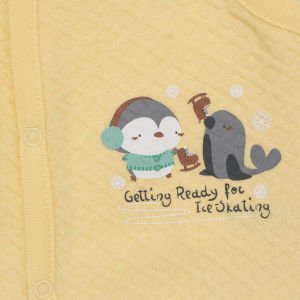 Unisex Bebek Sarı Kapitoneli Penguen Desenli Çıtçıtlı Penye Yelek