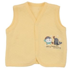 Unisex Bebek Sarı Kapitoneli Penguen Desenli Çıtçıtlı Penye Yelek