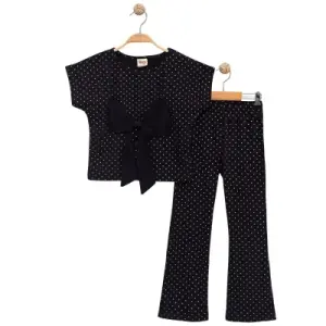 Kız Çocuk Siyah Simli Puanlı Fiyonklu 2'li Takım