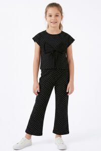 Kız Çocuk Siyah Simli Puanlı Fiyonklu 2'li Takım
