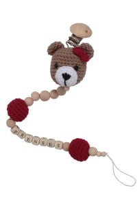 Kız Bebek Amigurumi Kahve Bordo Ayıcıklı Organik Ahşap Boncuklu İsimli İsme Özel Emzik Askısı