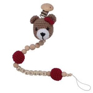Kız Bebek Amigurumi Kahve Bordo Ayıcıklı Organik Ahşap Boncuklu İsimli İsme Özel Emzik Askısı