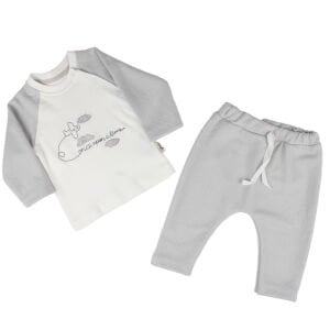 Erkek Bebek Gri Beyaz Uçak Desenli 2'li Takım