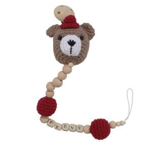 Erkek Bebek Amigurumi Kahve Bordo Ayıcıklı Organik Ahşap Boncuklu İsimli İsme Özel Emzik Askısı