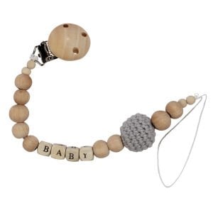 Unisex Gri Amigurumi Organik Ahşap Boncuklu İsimli İsme Özel Emzik Askısı