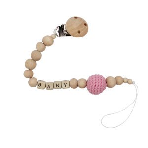 Kız Bebek Pembe Amigurumi Organik Ahşap Boncuklu İsimli İsme Özel Emzik Askısı