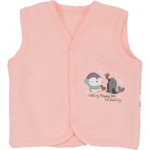 Kız Bebek Somon Kapitoneli Penguen Desenli Çıtçıtlı Penye Yelek