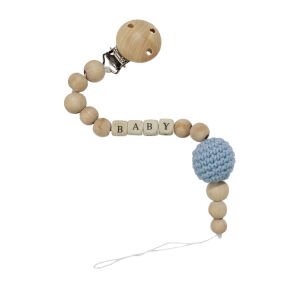 Erkek Bebek Mavi Amigurumi Organik Ahşap Boncuklu İsimli İsme Özel Emzik Askısı