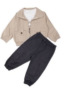 Erkek Çocuk Ekru Kaplan Desenli Badili Bej Ceketli 3'lü Takım