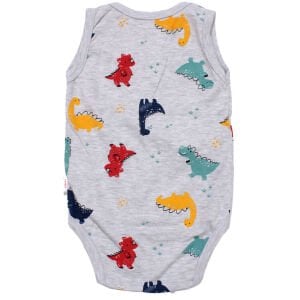 Erkek Bebek Gri Renkli Dino Baskılı Askılı Zıbın