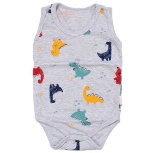 Erkek Bebek Gri Renkli Dino Baskılı Askılı Zıbın