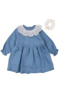 Kız Bebek Ekru Dantel Yakalı Tokalı Kot Elbise