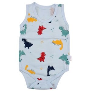 Erkek Bebek Mavi Renkli Dino Baskılı Askılı Zıbın
