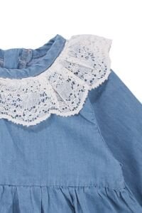 Kız Bebek Ekru Dantel Yakalı Tokalı Kot Elbise