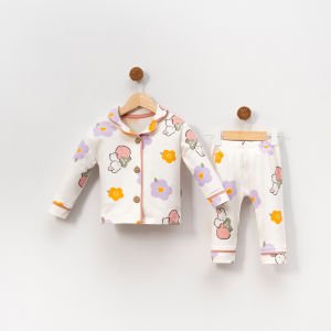 Kız Çocuk Ekru Turuncu Lila Çicek Tavşanlı Desenli Kruvaze Yaka Pijama Takımı