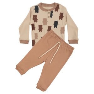 Erkek Bebek Bej  Ayıcık Desenli 2'li Takım