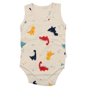 Erkek Bebek Ekru Renkli Dino Baskılı Askılı Zıbın